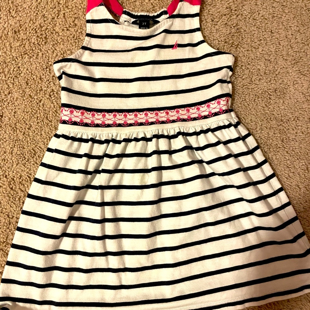 Nautica toddler stress. Blue and white stripes. Hot pink embroidery and straps